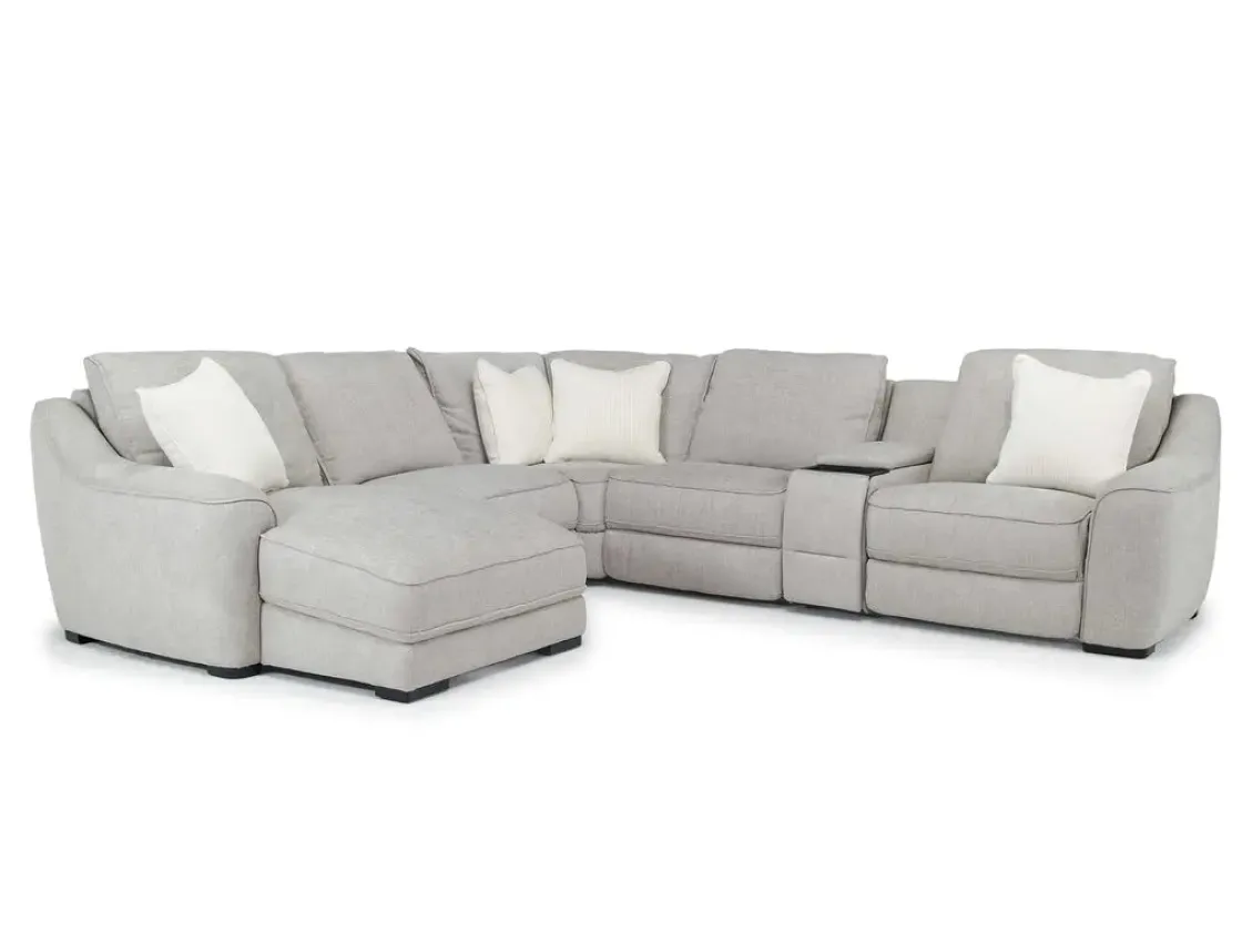 Mor Furniture Mayflower 6 Piece 2 Power Chaise Sectional W/ Audio Console In Ashland Sand, Left Facing