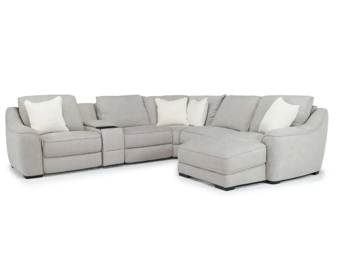 Mor Furniture Mayflower 6 Piece 2 Power Chaise Sectional W/ Audio Console In Ashland Sand, Left Facing