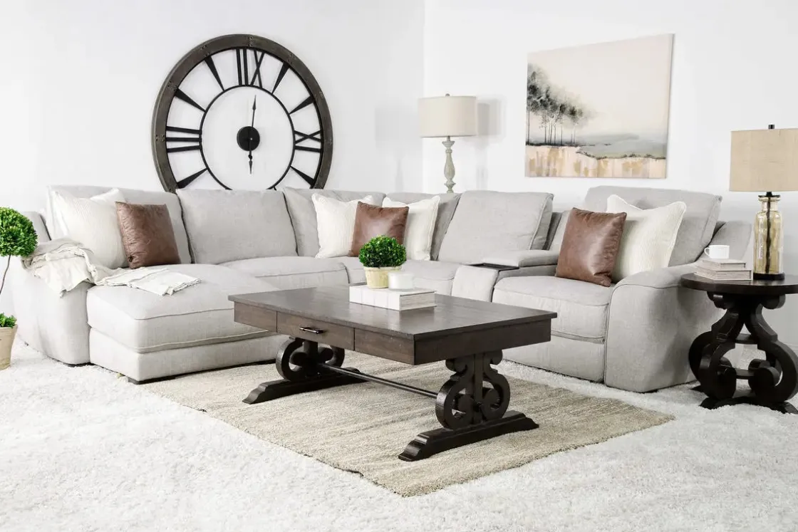 Mor Furniture Mayflower 6 Piece 2 Power Chaise Sectional W/ Audio Console In Ashland Sand, Left Facing
