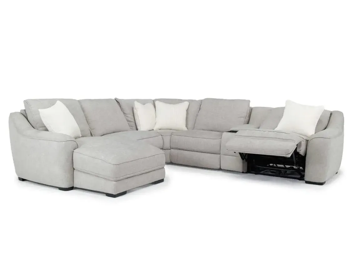 Mor Furniture Mayflower 6 Piece 2 Power Chaise Sectional W/ Audio Console In Ashland Sand, Left Facing