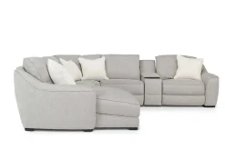 Mor Furniture Mayflower 6 Piece 2 Power Chaise Sectional W/ Audio Console In Ashland Sand, Left Facing