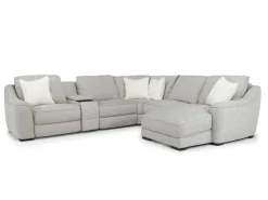 Mor Furniture Mayflower 6 Piece 2 Power Chaise Sectional W/ 2 Power Armless Recliner & Audio Console In Ashland Sand, Left Facing