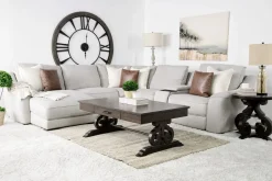 Mor Furniture Mayflower 6 Piece 2 Power Chaise Sectional W/ 2 Power Armless Recliner & Audio Console In Ashland Sand, Left Facing