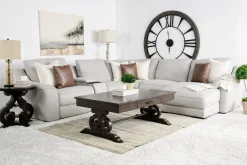 Mor Furniture Mayflower 6 Piece 2 Power Chaise Sectional W/ 2 Power Armless Recliner & Audio Console In Ashland Sand, Left Facing