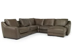 Mor Furniture Mayflower 6 Piece 2 Power Chaise Sectional W/ 2 Power Armless Recliner & Audio Console In Seville Umber Leather, Left Facing