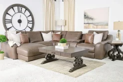 Mor Furniture Mayflower 6 Piece 2 Power Chaise Sectional W/ 2 Power Armless Recliner & Audio Console In Seville Umber Leather, Left Facing