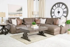 Mor Furniture Mayflower 6 Piece 2 Power Chaise Sectional W/ 2 Power Armless Recliner & Audio Console In Seville Umber Leather, Left Facing