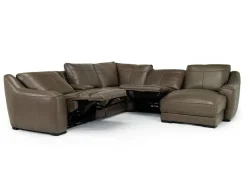 Mor Furniture Mayflower 6 Piece 2 Power Chaise Sectional W/ 2 Power Armless Recliner & Audio Console In Seville Umber Leather, Left Facing