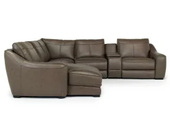 Mor Furniture Mayflower 6 Piece 2 Power Chaise Sectional W/ 2 Power Armless Recliner & Audio Console In Seville Umber Leather, Left Facing