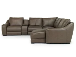 Mor Furniture Mayflower 6 Piece 2 Power Chaise Sectional W/ 2 Power Armless Recliner & Audio Console In Seville Umber Leather, Left Facing
