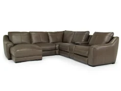 Mor Furniture Mayflower 6 Piece 2 Power Chaise Sectional W/ Audio Console In Seville Umber Leather, Left Facing