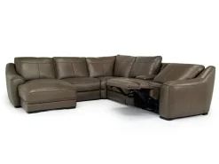 Mor Furniture Mayflower 6 Piece 2 Power Chaise Sectional W/ Audio Console In Seville Umber Leather, Left Facing
