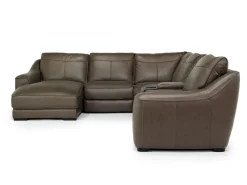 Mor Furniture Mayflower 6 Piece 2 Power Chaise Sectional W/ Audio Console In Seville Umber Leather, Left Facing