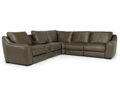 Mor Furniture Mayflower 6 Piece 2 Power Sectional W/ 2 Power Armless Recliner & Audio Console In Seville Umber Leather