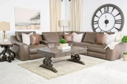 Mor Furniture Mayflower 6 Piece 2 Power Sectional W/ 2 Power Armless Recliner & Audio Console In Seville Umber Leather
