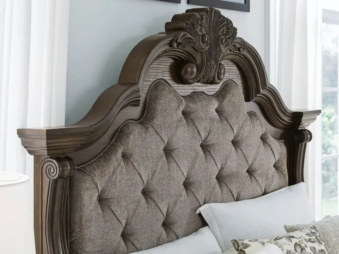 Mor Furniture Maylee Upholstered Panel Bed, Dresser, Mirror & Nightstand In Dark Brown, Queen