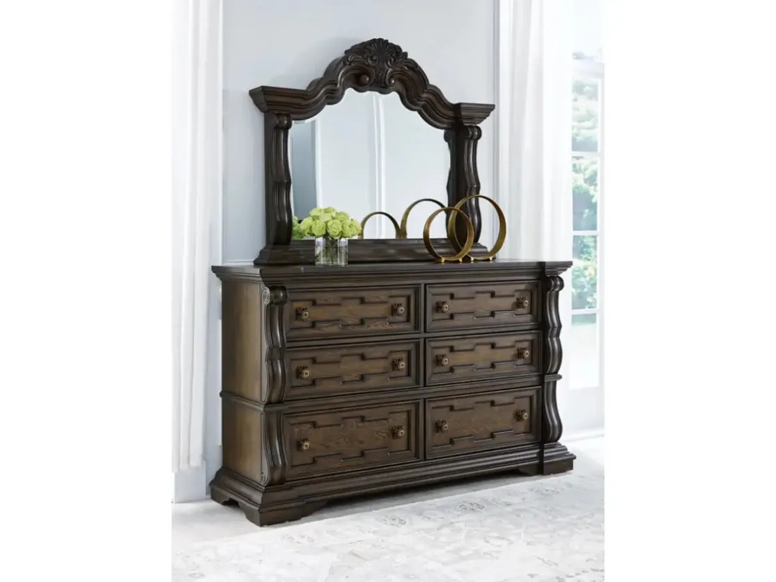 Mor Furniture Maylee Upholstered Panel Bed, Dresser, Mirror & Nightstand In Dark Brown, Queen