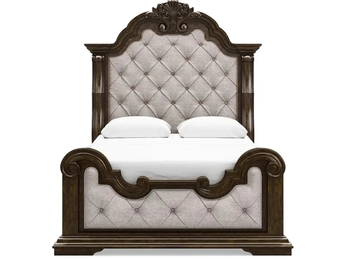 Mor Furniture Maylee Upholstered Panel Bed, Dresser, Mirror & Nightstand In Dark Brown, Queen