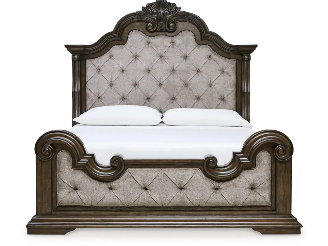 Mor Furniture Maylee Upholstered Panel Bed, Dresser, Mirror & Nightstand In Dark Brown, Queen