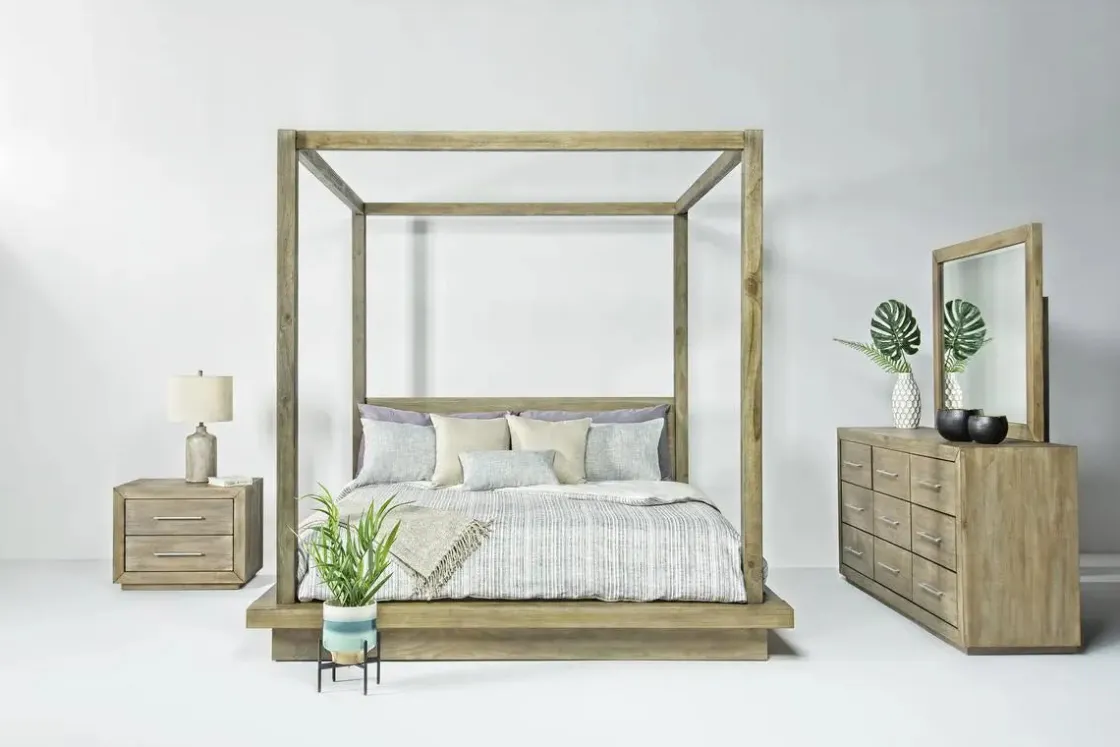 Mor Furniture Melbourne Canopy Bed, Dresser, Mirror, Nightstand In Brown Mel, Queen