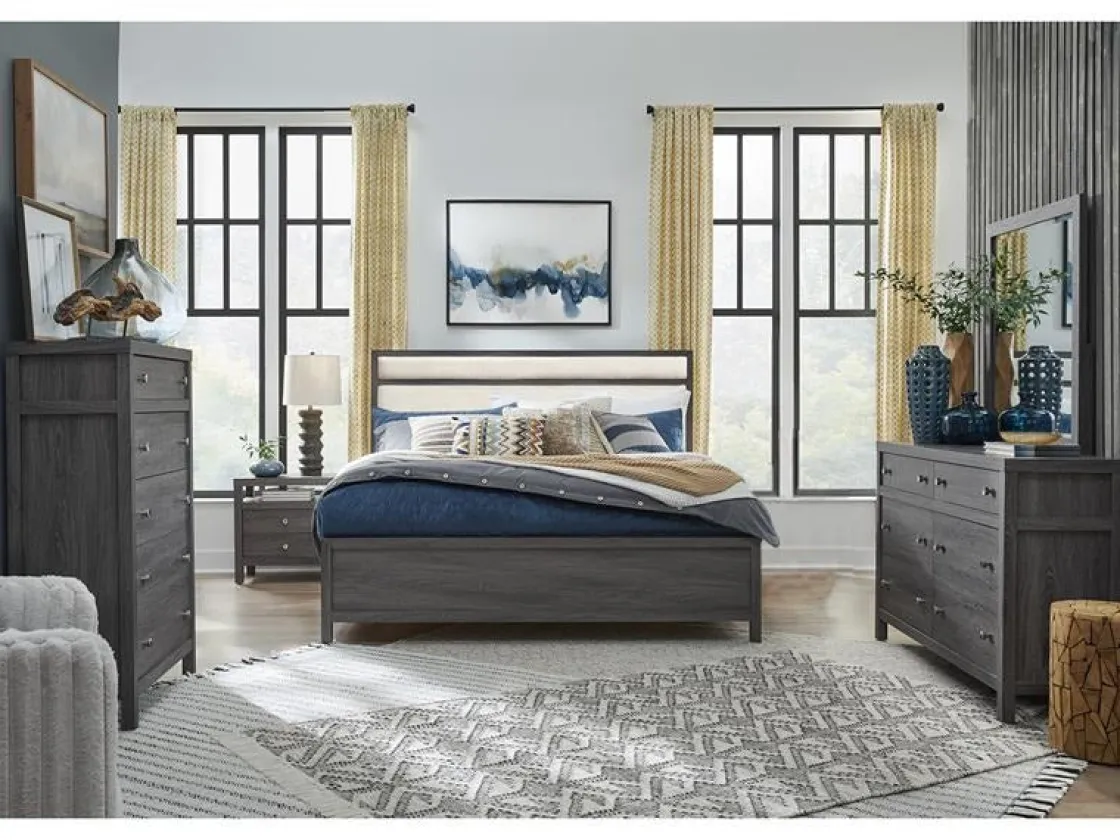 Mor Furniture Merrifield Upholstered Bed, Dresser, Mirror & Nightstand In Raisin Black, Twin