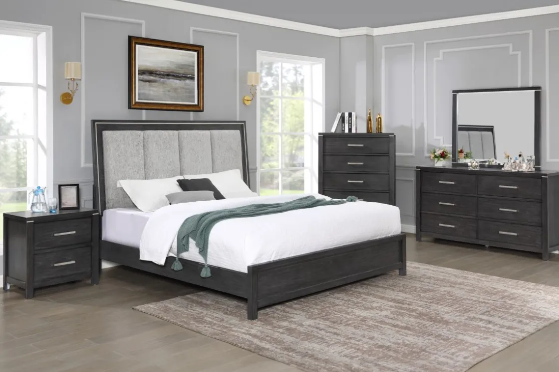 Mor Furniture Odessa Panel Bed, Dresser, Mirror & Nightstand In Charcoal, Queen