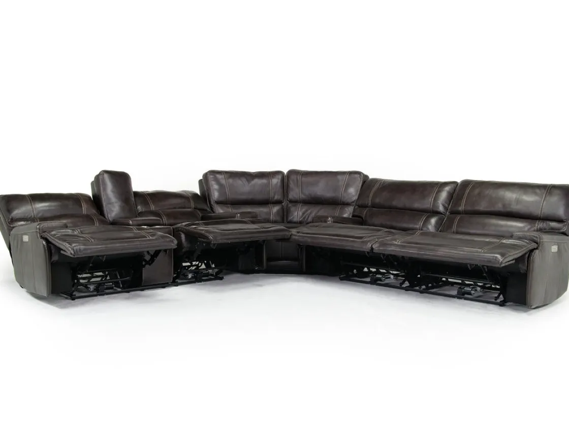 Mor Furniture Oslo 3 Piece 3 Power Sectional In Dark Brown Leather