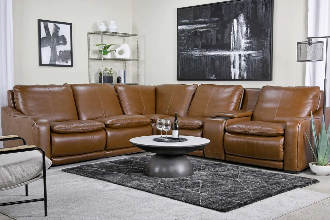 Mor Furniture Paradise 6 Piece 2 Power Sectional In Chestnut Leather