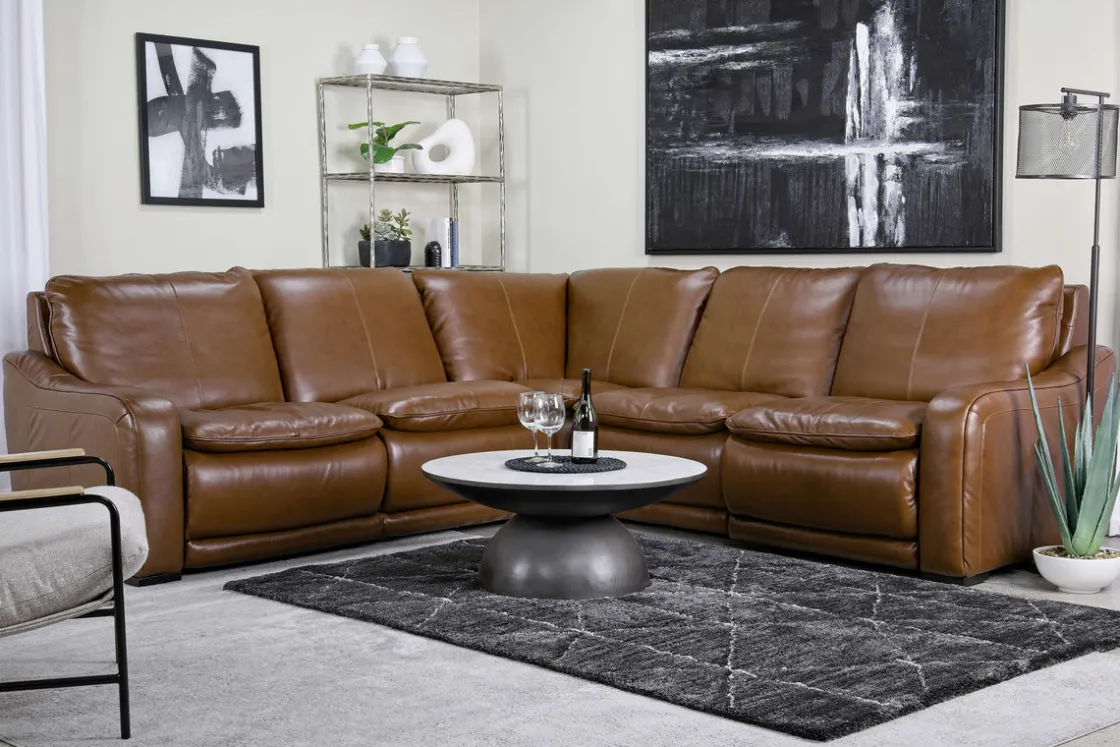 Mor Furniture Paradise 5 Piece 2 Power Sectional In Chestnut Leather