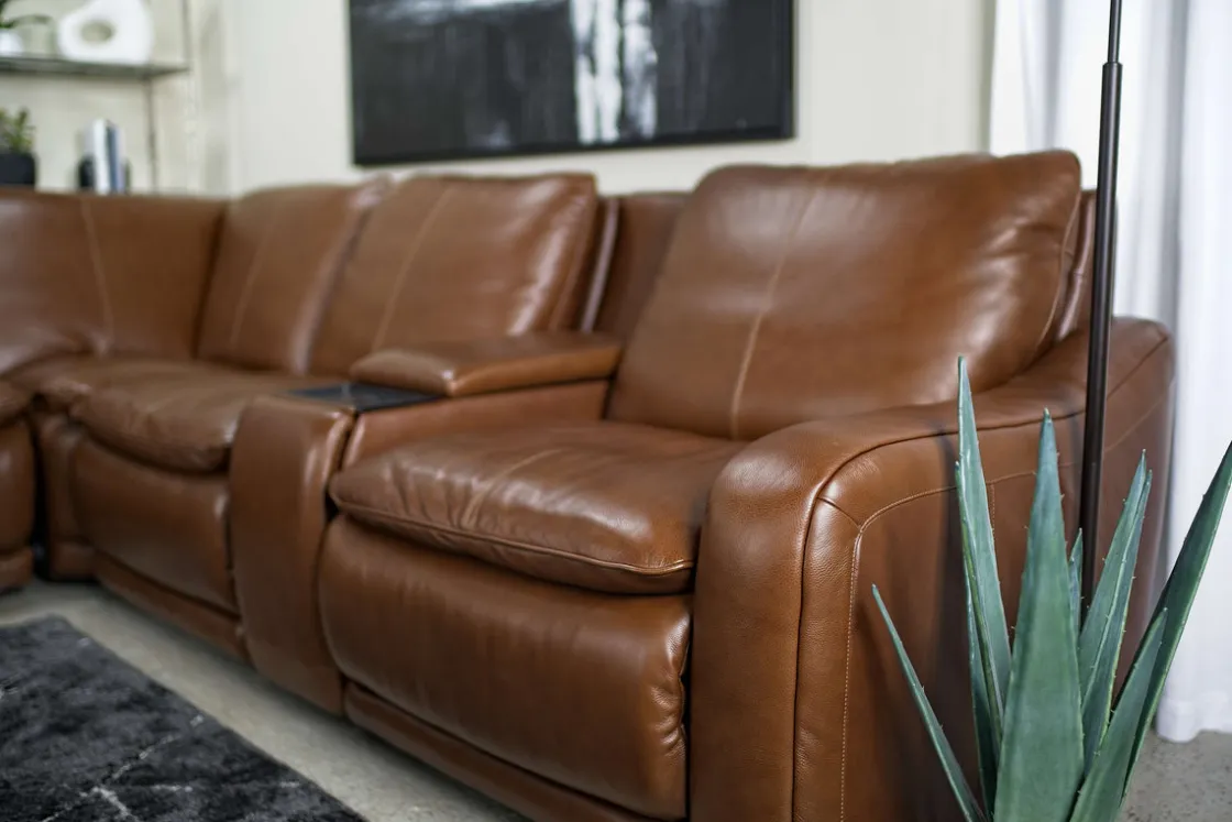 Mor Furniture Paradise 7 Piece 2 Power Sectional W/ 2 Power Armless Recliner In Chestnut Leather
