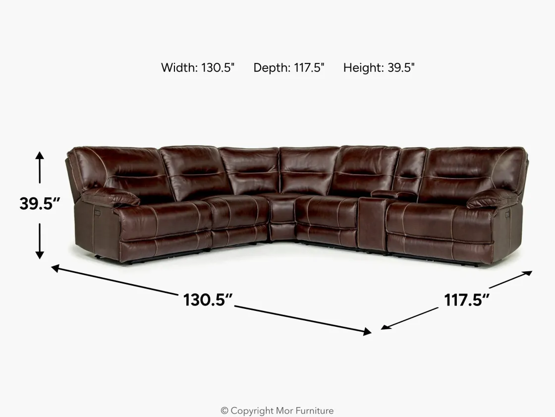 Mor Furniture Retreat 6 Piece Power Sectional W/ Power Armless Recliner In Cognac Leather