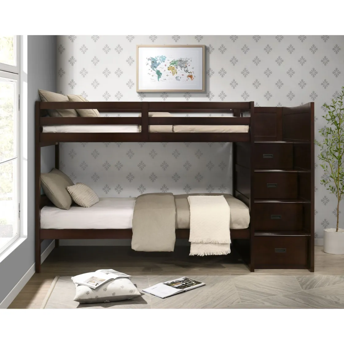 Kids Mor Furniture Sami Bunk Bed W/ Storage Steps In Espresso, Twin/Twin, Right Facing