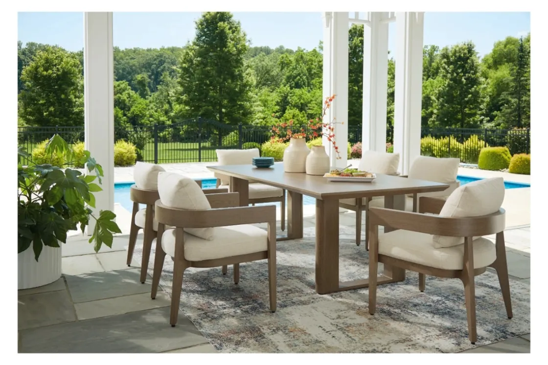 Mor Furniture Serene Bay Outdoor Dining Table & 6 Arm Chairs In Dark Brown