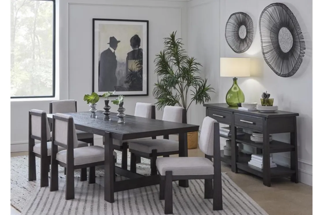 Mor Furniture Shelby Trestle Dining Table & 6 Wood Back Chairs In Coffee Bean