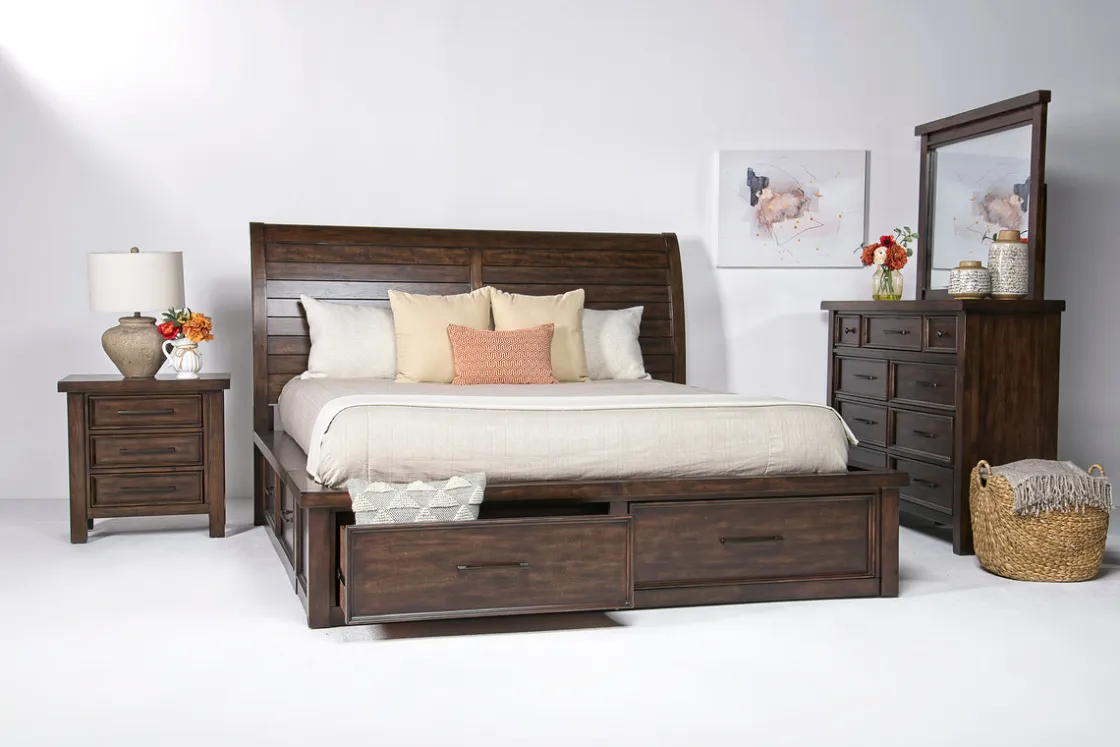 Mor Furniture Sonora Sleigh Bed W/ Storage, Dresser, Mirror & Nightstand In Brown, Queen