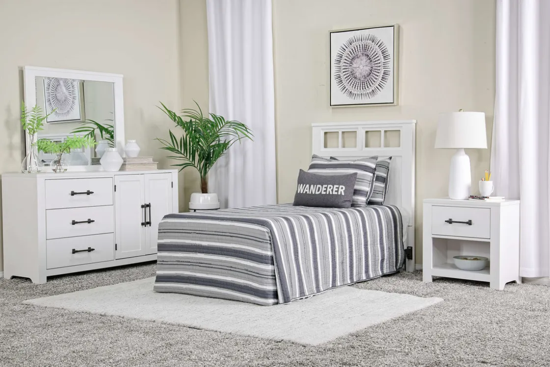 Mor Furniture St Regis Panel Headboard, Dresser, Mirror & Nightstand In White, Twin