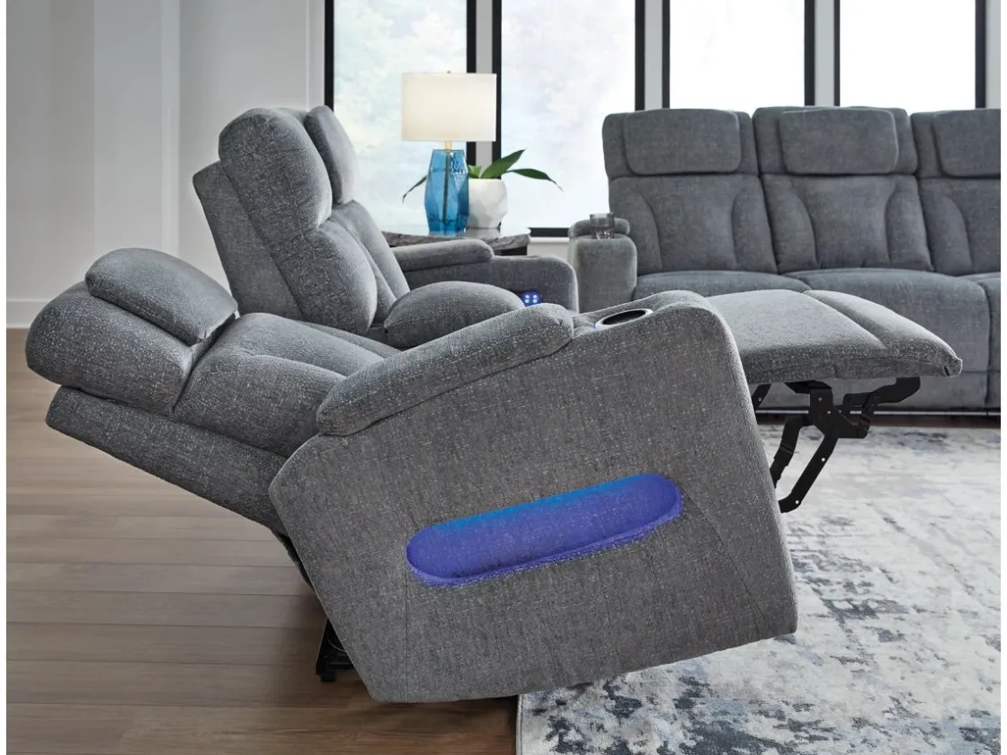 Mor Furniture Studio Cave 2 Power Sofa W/ Drop Down Table In Steel