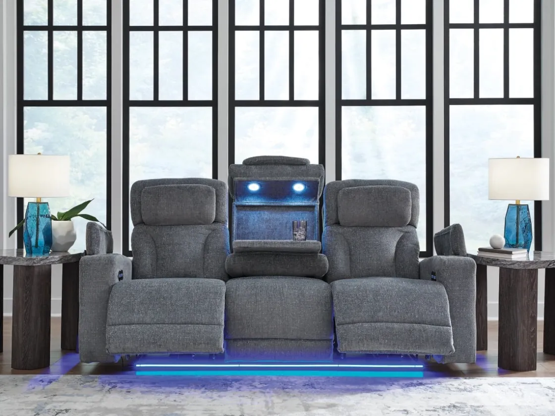 Mor Furniture Studio Cave 2 Power Sofa W/ Drop Down Table In Steel