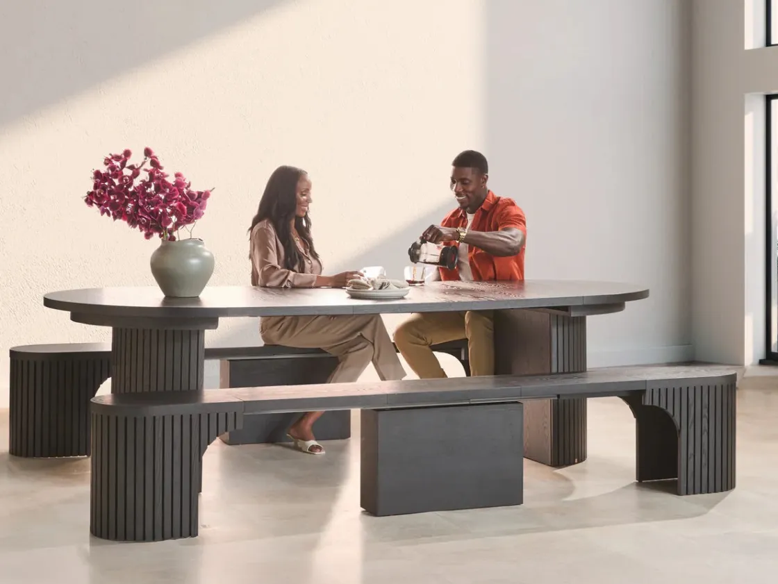Mor Furniture Transformer Round Extendable Dining Bench In Smoked Hickory Dark Gray