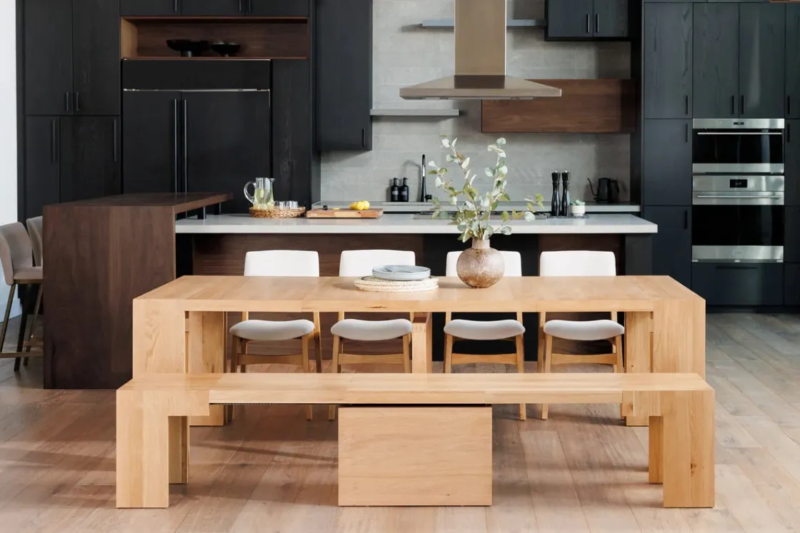 Mor Furniture Transformer Round Extendable Dining Bench In Smoked Hickory Dark Gray