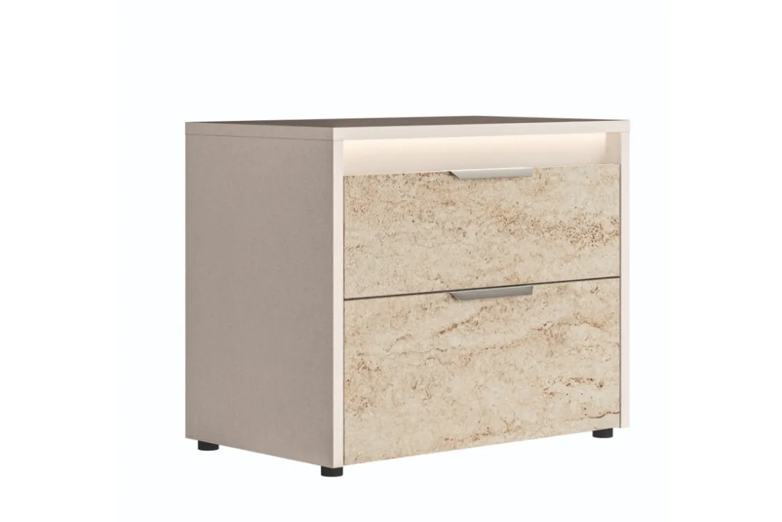 Mor Furniture Tullia Upholstered Bed W/ Storage, Dresser, Mirror & Nightstand In Pearl Line/Eco Stone, Queen