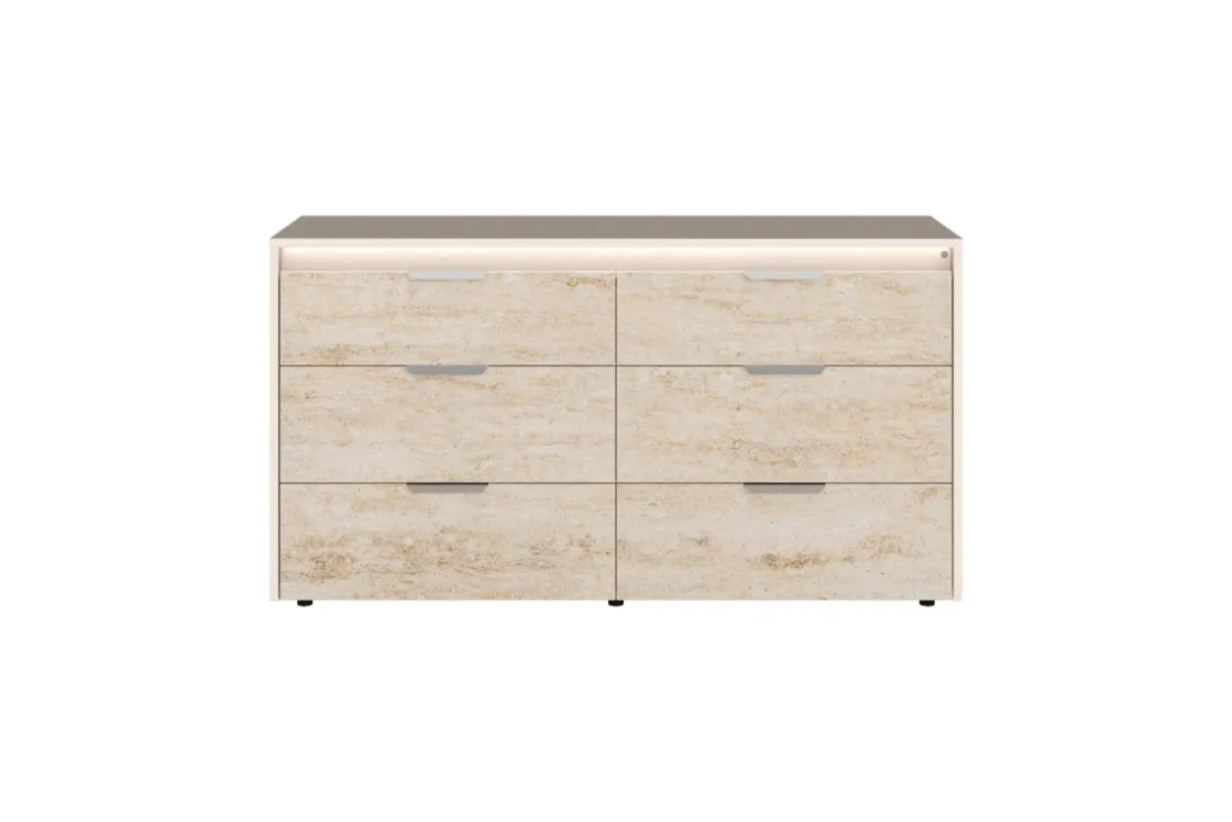 Mor Furniture Tullia Upholstered Bed W/ Storage, Dresser, Mirror & Nightstand In Pearl Line/Eco Stone, Queen