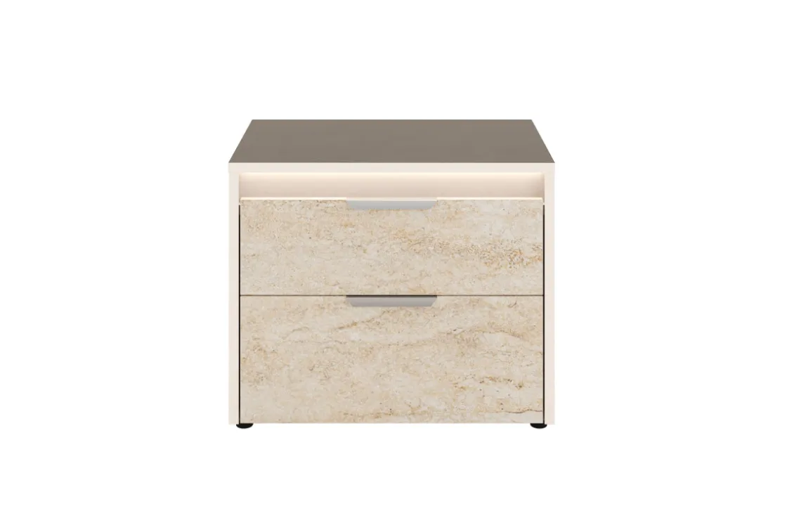 Mor Furniture Tullia Upholstered Panel Bed, Dresser, Mirror & Nightstand In Pearl Line/Eco Stone, Queen