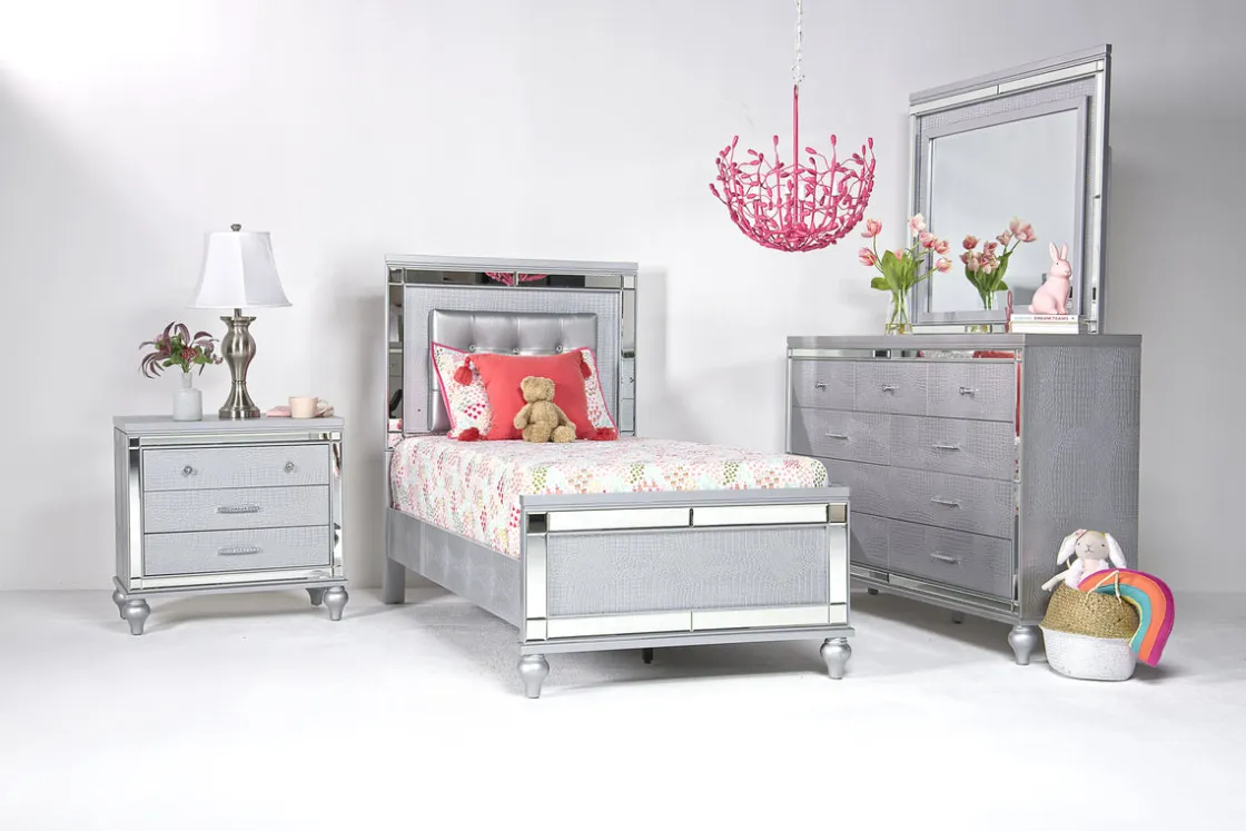 Mor Furniture Valentino Panel Bed, Dresser, Mirror & Nightstand In Silver, Twin