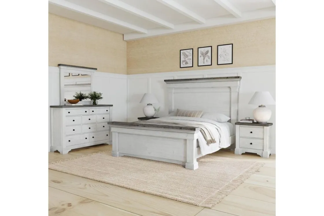 Mor Furniture Valley Ridge Panel Bed, Dresser, Mirror & Nightstand In White Gray Finish, Queen