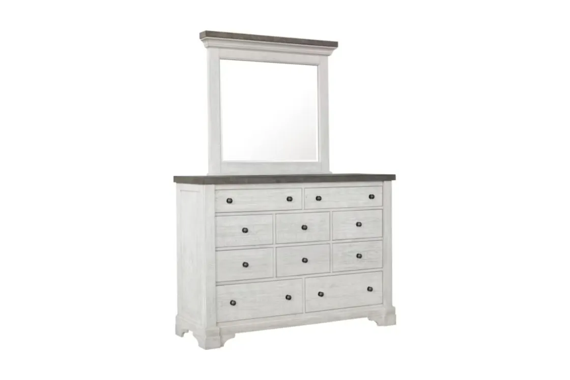 Mor Furniture Valley Ridge Panel Bed, Dresser, Mirror & Nightstand In White Gray Finish, Queen