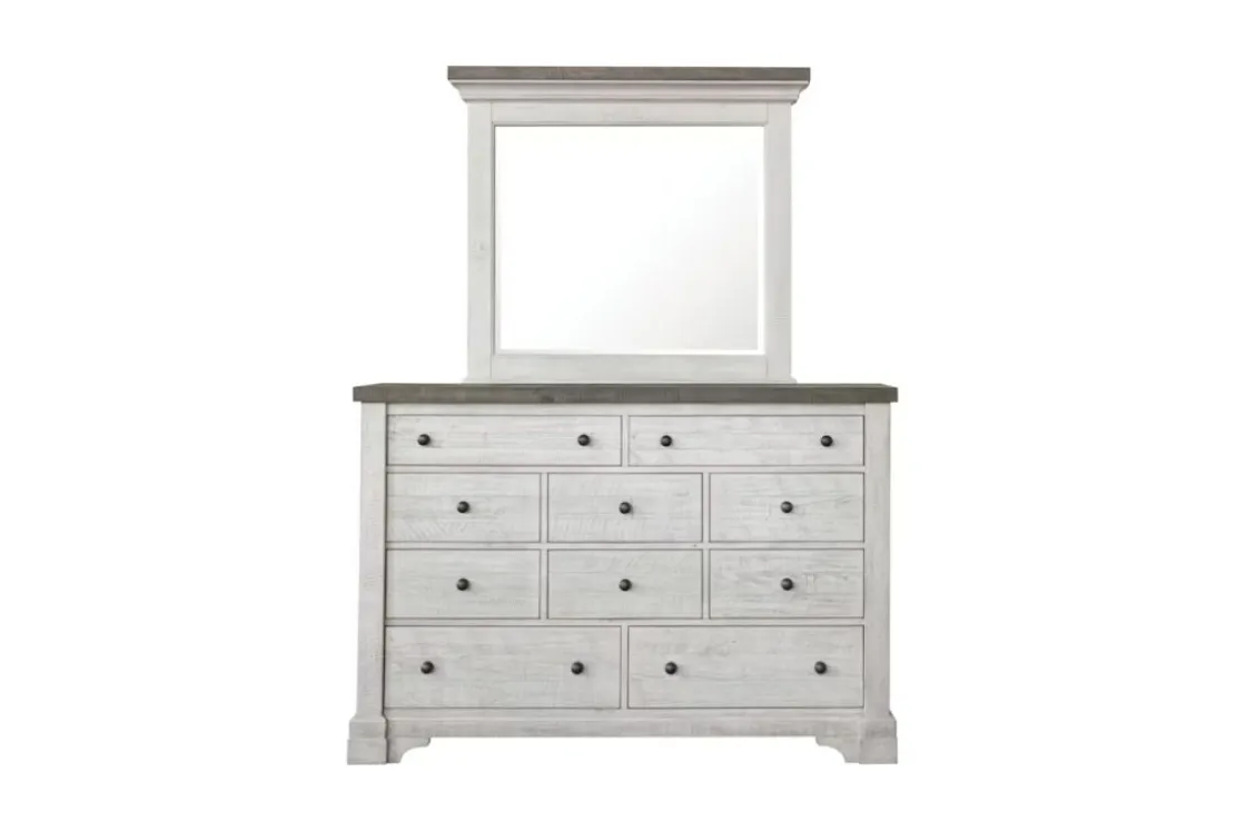 Mor Furniture Valley Ridge Panel Bed, Dresser, Mirror & Nightstand In White Gray Finish, Queen