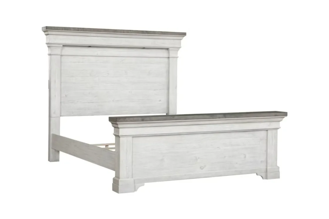 Mor Furniture Valley Ridge Panel Bed, Dresser, Mirror & Nightstand In White Gray Finish, Queen