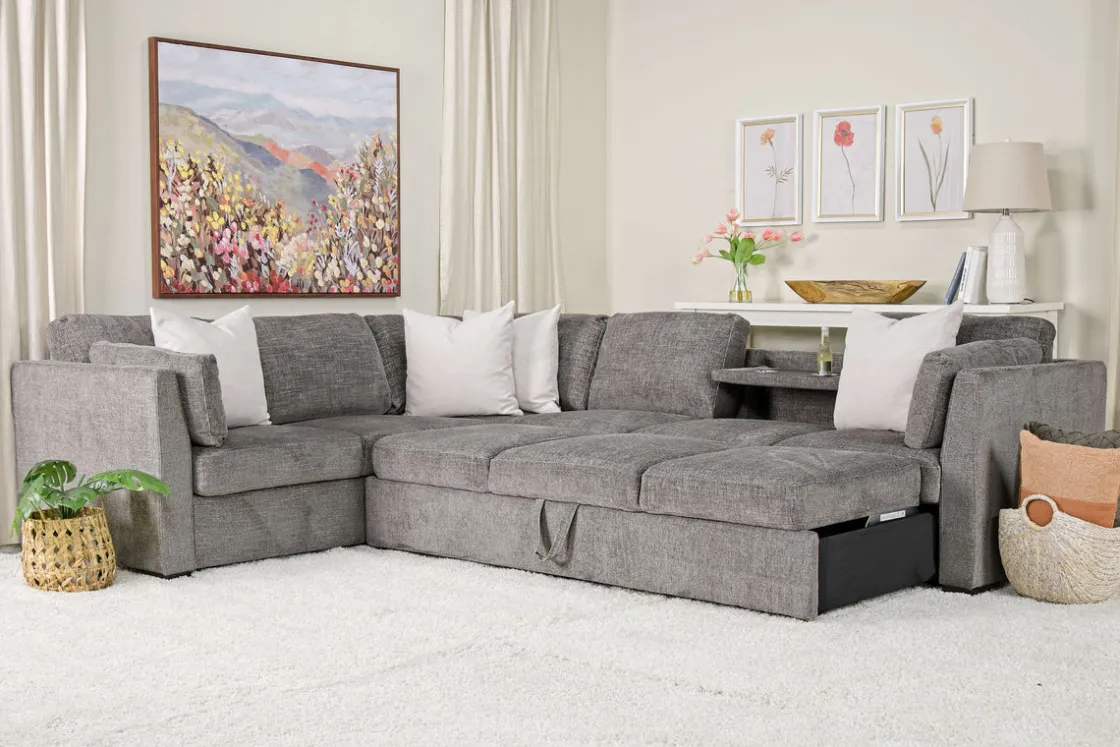Mor Furniture Vivian Queen Tux Sleeper Sectional W/ Drop Down Table In Handwoven Pewter, Right Facing