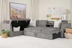 Mor Furniture Vivian Queen Tux Sleeper Sectional W/ Drop Down Table In Handwoven Pewter, Right Facing